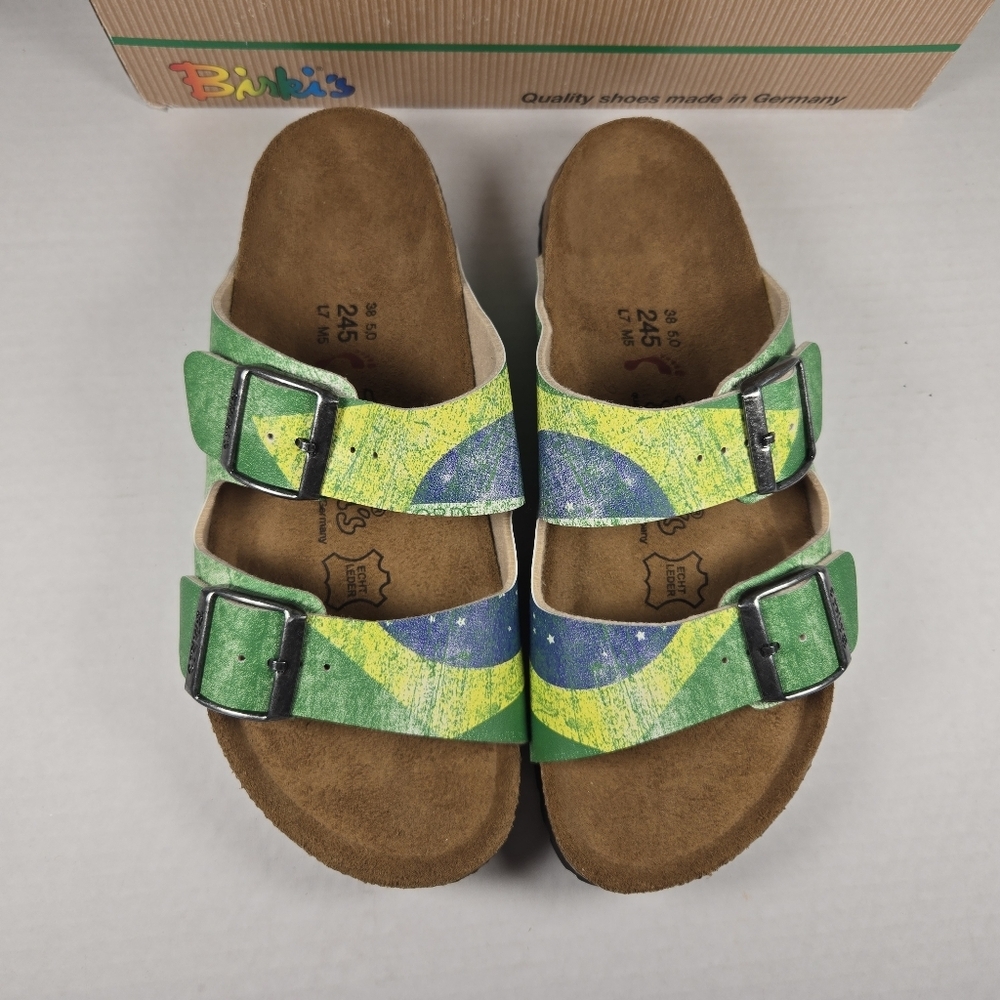 Birkenstock Birki's Santiago Brazil Flag Sandals EU38 Narrow US W7 M5 - Picture 2 of 8